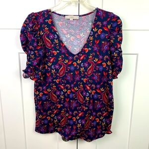 Ann Taylor Loft LARGE V Neck Floral Tee Puff Sleeve Romantic Cottagecore